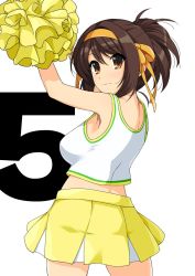 Rule 34 | 1girl, alternate hairstyle, arms up, breasts, brown eyes, brown hair, cheerleader, closed mouth, commentary request, countdown, from behind, hairband, haruhisky, highres, light smile, looking at viewer, medium breasts, midriff, open mouth, pom pom (cheerleading), ponytail, ribbon, shoes, skirt, solo, suzumiya haruhi, suzumiya haruhi no yuuutsu, tank top, white tank top, yellow hairband, yellow pom poms, yellow ribbon, yellow skirt