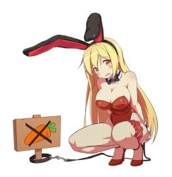 Rule 34 | 1girl, alternate costume, alternate hair color, animal ears, ara haan, bare shoulders, blonde hair, blush, blush stickers, bound, bound wrists, bow, bowtie, breasts, cleavage, elsword, eyeshadow, fake animal ears, fishnet pantyhose, fishnets, full body, hair ornament, high heels, large breasts, long hair, makeup, open mouth, pantyhose, playboy bunny, rabbit ears, sando (dukedevil), sign, solo, squatting, transparent background, yellow eyes