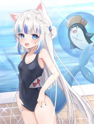 Rule 34 | 1girl, :d, absurdly long hair, absurdres, adapted costume, bloop (gawr gura), blue eyes, blue hair, blue nails, blue one-piece swimsuit, blunt bangs, blush, breasts, cowboy shot, fingernails, fins, fish tail, gawr gura, grey hair, groin, hair ornament, highres, hololive, hololive english, long hair, looking at viewer, multicolored hair, nail polish, nekopurin (nyanko prin), new school swimsuit, one-piece swimsuit, open mouth, poolside, school swimsuit, shark girl, shark hair ornament, shark tail, sharp teeth, sidelocks, small breasts, smile, solo, streaked hair, swimsuit, tail, teeth, upper teeth only, very long hair, virtual youtuber