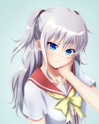 Rule 34 | 1girl, blue background, blue eyes, charlotte (anime), closed mouth, collarbone, collared shirt, dress shirt, hair between eyes, hand on own cheek, hand on own face, highres, inoumu, long hair, red sailor collar, sailor collar, sailor shirt, school uniform, serafuku, shirt, short sleeves, silver hair, simple background, solo, tomori nao, two side up, upper body, white shirt, yellow neckwear