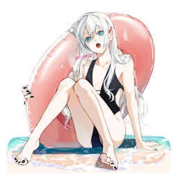 Rule 34 | 1girl, aqua eyes, barefoot, black nails, black one-piece swimsuit, commentary request, feet, hair over eyes, highres, holding, holding swim ring, innertube, knees together feet apart, knees up, legs, long hair, looking at viewer, monokini, nail polish, one-piece swimsuit, open mouth, original, simple background, sitting, solo, swim ring, swimsuit, toenail polish, toenails, toes, tongue, twitter username, white background, white hair, yagi (shiro yagi)