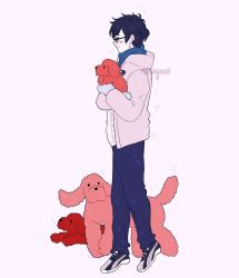 Rule 34 | 1boy, animal, artist name, bad id, bad instagram id, black hair, black pants, blue scarf, brown dog, dog, fluffy, full body, glasses, highres, holding, holding animal, holding dog, hood, hood down, hooded jacket, jacket, katsuki yuuri, male focus, meyoco, mittens, pants, profile, scarf, short hair, smile, solo, sparkle, sweater, winter clothes, yuri!!! on ice
