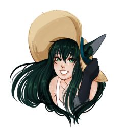 Rule 34 | 1girl, absurdres, animal ears, animal hands, anubis (monster girl encyclopedia), archived source, black hair, collarbone, commission, dress, ears through headwear, green eyes, green hair, grin, hand on headwear, hat, highres, long hair, looking at viewer, manos, manosdetrapo, monster girl, monster girl encyclopedia, smile, solo, sun hat, sundress, transparent background