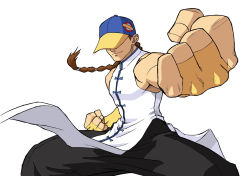 Rule 34 | 1990s (style), 1boy, baggy pants, baseball cap, braid, bridal gauntlets, brown hair, capcom, chinese clothes, clenched hand, clenched hands, fighting stance, hat, hidden eyes, highres, male focus, muscular, pants, retro artstyle, simple background, single braid, sleeveless, solo, street fighter, street fighter iii (series), street fighter zero (series), vector trace, yun lee