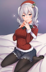 Rule 34 | 10s, 1girl, aran sweater, bad id, bad pixiv id, breasts, cable knit, feet, female focus, hair ornament, hat, highres, jewelry, kantai collection, kashima (kancolle), kyuuso inukami, large breasts, long hair, long legs, miniskirt, pantyhose, pleated skirt, ring, silver hair, sitting, skirt, smile, solo, sweater, twintails, wariza, wedding band