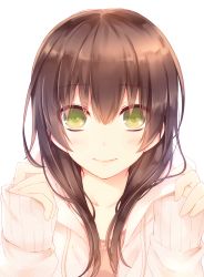 Rule 34 | 1girl, bad id, bad pixiv id, blush, brown hair, closed mouth, collarbone, eyebrows, eyes visible through hair, green eyes, hair between eyes, hood, hoodie, long hair, looking at viewer, open clothes, open hoodie, original, simple background, sleeves past wrists, smile, solo, tadano tsukasa, upper body, white background