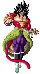Rule 34 | 1boy, abs, black hair, boots, broly (dragon ball super), darkhameleon, dragon ball, dragon ball gt, dragon ball super, dragon ball super broly, fur, highres, long hair, looking at viewer, male focus, monkey tail, muscular, no pupils, red fur, scar, topless male, smile, spiked hair, super saiyan, super saiyan 4, tail, white background, wristband