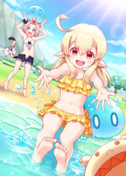 Rule 34 | 2girls, :d, ahoge, animal ear fluff, animal ears, arms up, bangs pinned back, bare arms, bare legs, bare shoulders, barefoot, beach, bikini, black scrunchie, black shorts, blonde hair, blue eyes, blue sky, bow, cat ears, cat girl, cat tail, child, cloud, commentary request, day, diona (genshin impact), fangs, feet, foreshortening, genshin impact, groin, hair between eyes, harada (sansei rain), highres, holding, klee (genshin impact), long hair, looking at viewer, low twintails, multiple girls, navel, open clothes, open mouth, open shorts, outdoors, outstretched arms, pink hair, pointy ears, red eyes, round teeth, scrunchie, short shorts, shorts, sitting, sky, slime (genshin impact), smile, soles, splashing, standing, sunlight, swimsuit, tail, tail bow, tail ornament, teeth, twintails, upper teeth only, water, white bikini, white bow, wrist scrunchie, yellow bikini