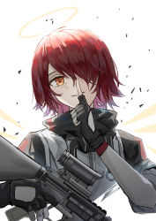 Rule 34 | 1girl, absurdres, arknights, assault rifle, exusiai (arknights), finger to mouth, fingerless gloves, gloves, gun, hair over one eye, highres, holding, holding gun, holding weapon, hood, hooded jacket, jacket, looking at viewer, orange eyes, red hair, rifle, short hair, shushing, simple background, smile, solo, upper body, weapon, white background, xiaomai yorik