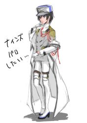 Rule 34 | 10s, 1boy, black hair, blue eyes, boots, darling in the franxx, gloves, hat, hiro (darling in the franxx), long sleeves, male focus, military, military uniform, peaked cap, sakuragouti, short hair, solo, translation request, uniform, white footwear, white gloves, white hat