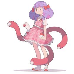 Rule 34 | 1girl, blunt bangs, bow, character request, closed mouth, copyright request, creatures (company), double bun, frilled skirt, frills, full body, game freak, hair bow, hair bun, multicolored hair, nintendo, pink hair, pokemon, pokemon (creature), purple eyes, purple hair, red bow, shimazaki1152, short sleeves, simple background, skirt, skirt set, standing, white background, wiglett, wugtrio