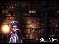 Rule 34 | 1girl, blue eyes, book, bookshelf, candle, crescent, crescent moon, etogami kazuya, female focus, hat, highres, library, long hair, moon, open book, patchouli knowledge, purple hair, reading, solo, touhou, voile, wallpaper