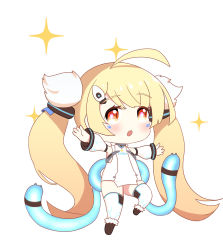 Rule 34 | 1girl, :o, ahoge, azur lane, bare shoulders, blonde hair, blush, brown eyes, brown footwear, chibi, detached sleeves, dress, eldridge (azur lane), facial mark, full body, highres, lenxiao, long hair, long sleeves, multiple tails, open mouth, outstretched arms, puffy long sleeves, puffy sleeves, simple background, sleeveless, sleeveless dress, solo, sparkle, spread arms, standing, standing on one leg, tail, thighhighs, twintails, two tails, very long hair, white background, white dress, white thighhighs