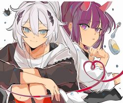 Rule 34 | 2girls, behind another, blue eyes, blunt bangs, cat, contemporary, couple, floating, floating object, hair between eyes, hair ornament, highres, honkai (series), honkai impact 3rd, horns, jacket, jewelry, kiana kaslana, kiana kaslana (herrscher of flamescion), looking at animal, looking at viewer, multiple girls, necklace, open clothes, open jacket, ponytail, purple eyes, purple hair, raiden mei, raiden mei (herrscher of thunder), red ribbon, ribbon, sanhgreen, shirt, side-by-side, simple background, sitting, white background, white cat, white hair, white shirt, yuri