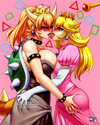 Rule 34 | 2girls, bare shoulders, blonde hair, blue eyes, blush, bowsette, breasts, horns, huge breasts, hypnosis, jadenkaiba, kiss, long hair, mario (series), medium breasts, mind control, multiple girls, new super mario bros. u deluxe, nintendo, open mouth, pointy ears, princess peach, standing, super mario bros. 1, tongue, tongue out, yuri