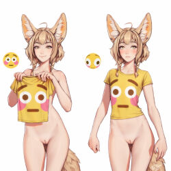 Rule 34 | 1girl, ahoge, animal ear fluff, animal ears, blush, bottomless, braid, cleft of venus, commentary, completely nude, covering privates, earrings, english commentary, flat chest, flat chest joke, fox ears, fox tail, holding, holding clothes, holding shirt, jewelry, khiara (personal ami), light brown hair, long tail, medium hair, meme, multiple views, naked shirt, nude, nude cover, original, personal ami, pussy, shirt, smile, t-shirt, tail, twin braids, uncensored, white background, yellow eyes