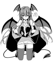 Rule 34 | 1girl, absurdres, black dress, black thighhighs, blush, clothes lift, demon girl, demon tail, demon wings, dress, dress lift, greyscale, head wings, heart, highres, juliet sleeves, kneeling, koakuma, long hair, long sleeves, looking at viewer, monochrome, necktie, nose blush, oubou, panties, panty pull, parted lips, puffy sleeves, pussy juice, sidelocks, smile, solo, spoken heart, sweat, tail, thighhighs, touhou, underwear, white panties, wings