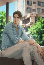 Rule 34 | 1boy, absurdres, backlighting, blouse, blue eyes, blue shirt, brown hair, building, commentary, day, dress shirt, english commentary, expressionless, hand on own arm, hand on own knee, highres, iceblock (ilhgns), lips, looking away, male focus, nose, original, outdoors, pants, parted bangs, partially unbuttoned, realistic, shade, shirt, short hair, sitting, sleeves rolled up, solo, symbol-only commentary, white pants