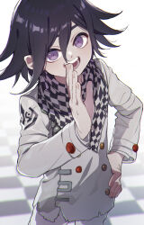 Rule 34 | 1boy, black hair, buttons, checkered clothes, checkered scarf, cheeseko, danganronpa (series), danganronpa v3: killing harmony, double-breasted, grey jacket, hair between eyes, hand up, highres, jacket, long sleeves, looking at viewer, male focus, medium hair, open mouth, oma kokichi, purple eyes, scarf, short hair, smile, solo, straitjacket, teeth, upper body
