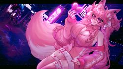 Rule 34 | 1girl, animal ear fluff, animal ears, breasts, city, cityscape, cleavage, cleavage cutout, clothing cutout, fluff, fluffy, fox ears, fox girl, fox tail, highres, indie virtual youtuber, jacket, kireina (osiimi), large breasts, licking lips, nail polish, neon lights, off shoulder, original, osiimi, pink eyes, pink hair, pink jacket, pink thighhighs, ribbed sweater, solo, sweater, tail, thighhighs, thighs, tongue, tongue out, twintails, virtual youtuber