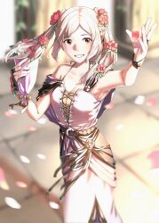 Rule 34 | 1girl, adapted costume, bare shoulders, blurry, blurry background, breasts, brown eyes, cleavage, collarbone, depth of field, fire emblem, fire emblem awakening, fire emblem heroes, flower, hair flower, hair ornament, highres, large breasts, nintendo, official alternate costume, petals, robin (female) (fire emblem), robin (female) (valentine) (fire emblem), robin (fire emblem), sleeveless, smile, solo, tpicm, twintails, white hair