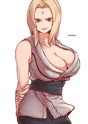 Rule 34 | 1girl, aosora2823, arms behind back, artist name, black pants, blonde hair, blush, breasts, cleavage, collarbone, facial mark, forehead, forehead mark, grey kimono, highres, holding own arm, huge breasts, japanese clothes, kimono, looking at viewer, naruto (series), naruto shippuuden, pants, parted lips, simple background, smile, solo, tsunade (naruto), white background