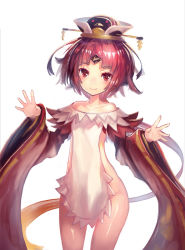 Rule 34 | 1girl, bare shoulders, benienma (fate), bird hat, blonde hair, closed mouth, collarbone, commentary request, cowboy shot, fate/grand order, fate (series), flat chest, gradient hair, horns, long hair, looking at viewer, multicolored hair, naked tabard, outstretched arms, ponytail, red eyes, red hair, red sleeves, revealing clothes, shiny skin, simple background, single horn, smile, solo, spread arms, tabard, tanaka ken&#039;ichi, white background