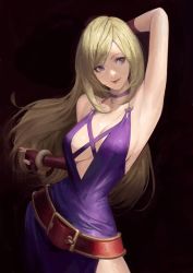Rule 34 | 1girl, anchor ornament, arm behind head, arm up, armpits, bare shoulders, belt, blonde hair, breasts, choker, cleavage, collarbone, dress, eyelashes, fatal fury, fingerless gloves, garou: mark of the wolves, gloves, hair ornament, hairclip, jenet behrn, large breasts, long hair, looking away, nail polish, parted lips, phamoz, purple choker, purple dress, purple eyes, red gloves, red nails, sleeveless, solo, the king of fighters, the king of fighters xv, thigh strap