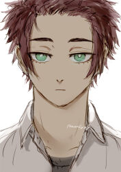 Rule 34 | 1boy, blue lock, bright pupils, closed mouth, collared shirt, commentary request, green eyes, itoshi sae, looking at viewer, male focus, nori20170709, open collar, portrait, red hair, shirt, short hair, simple background, solo, twitter username, white background, white pupils, white shirt