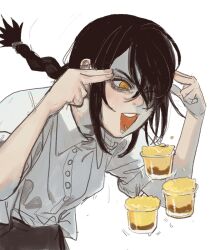Rule 34 | 1girl, black hair, braid, braided ponytail, chainsaw man, fingers to head, food, hair over one eye, highres, looking at object, man levitating pizza (meme), medium hair, meme, mossacannibalis, nayuta (chainsaw man), open mouth, pudding, ringed eyes, shirt, sidelocks, simple background, smile, solo, white background, white shirt, yellow eyes