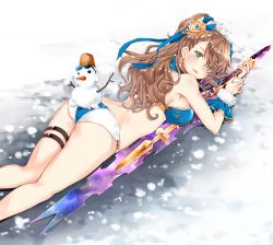 Rule 34 | 1girl, ass, asymmetrical bangs, bad id, bad pixiv id, bare legs, bare shoulders, beatrix (granblue fantasy), bikini, blue bikini, blush, bow, breast press, breasts, brown hair, commentary request, cowboy shot, detached collar, from above, full body, granblue fantasy, green eyes, hair bow, hair ornament, highres, holding, holding sword, holding weapon, large breasts, leg strap, long hair, looking at viewer, lying, on stomach, open mouth, ponytail, shiny skin, snow, snowman, soraneko hino, sunglasses, swimsuit, sword, thigh strap, thighs, two-tone bikini, wavy hair, wavy mouth, weapon, white bikini
