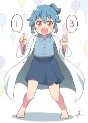 Rule 34 | 1girl, :d, absurdres, balloon, barefoot, birthday, blue hair, blue shirt, blue skirt, blush stickers, collared shirt, commentary request, finger counting, full body, highres, index finger raised, lab coat, long sleeves, looking at viewer, open mouth, personification, ponytail, shirt, sidelocks, signature, skirt, smile, solo, spoken number, standing, tsukigi, twitter, twitter-san, twitter-san (character), yellow eyes