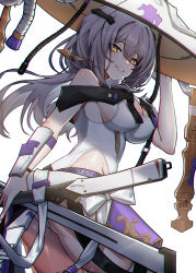 Rule 34 | 1girl, absurdres, ass, breasts, cleavage, goddess of victory: nikke, grey hair, hair between eyes, hand on headwear, hat, highres, holding, holding sword, holding weapon, kongbai huanxiang, large breasts, long hair, looking at viewer, parted lips, scarlet (nikke), simple background, smile, solo, sword, thighs, weapon, white background, yellow eyes