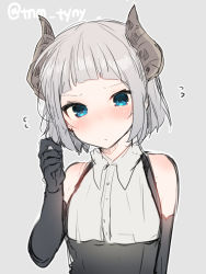 Rule 34 | 1girl, alternate hair length, alternate hairstyle, bad id, bad tumblr id, black dress, black gloves, blue eyes, blunt bangs, blush, closed mouth, collared shirt, commentary request, demon horns, dress, elbow gloves, embarrassed, flying sweatdrops, gloves, grey background, head tilt, horns, ikeuchi tanuma, looking at viewer, original, shirt, short hair, silver hair, simple background, sleeveless, sleeveless shirt, solo, twitter username, white shirt
