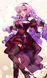 Rule 34 | 1girl, :d, bare shoulders, black footwear, black hairband, breasts, brown gloves, brown thighhighs, commentary request, confetti, detached sleeves, dress, drill hair, garter straps, gloves, hair between eyes, hairband, hands up, high heels, highres, hyakumantenbara salome, hyakumantenbara salome (1st costume), juliet sleeves, juukyuuhyaku (tsukuwo243), large breasts, long sleeves, nijisanji, open mouth, parted bangs, puffy sleeves, purple eyes, purple hair, red dress, red sleeves, shoes, smile, solo, standing, standing on one leg, thighhighs, virtual youtuber