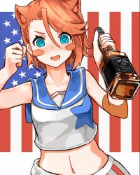 Rule 34 | 15k, 1girl, :d, @ @, alcohol, american flag, animal ears, blue eyes, blush stickers, bottle, brand name imitation, cat ears, clenched hand, collarbone, crop top, drunk, eyebrows, eyes visible through hair, fang, flag background, hair between eyes, holding, holding bottle, jack daniel&#039;s, laffey (warship girls r), midriff, navel, open mouth, red hair, sailor, shirt, short hair, sleeveless, smile, solo, star (symbol), star print, swept bangs, upper body, v-shaped eyebrows, warship girls r, whiskey, white shirt