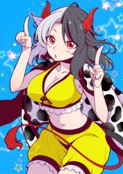 Rule 34 | 1girl, animal print, black hair, blue background, blush stickers, breasts, cleavage, collarbone, commentary request, cow horns, cow print, cow tail, cowboy shot, crop top, eichi yuu, frills, hair flaps, hands up, haori, horns, index fingers raised, japanese clothes, large breasts, looking at viewer, midriff, multicolored hair, navel, parted lips, red eyes, short hair, shorts, silver hair, solo, split-color hair, sports bra, standing, star (symbol), stomach, tail, touhou, two-tone hair, ushizaki urumi, yellow shorts