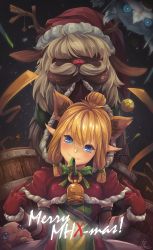 Rule 34 | 1girl, animal, animal ears, bad id, bad pixiv id, barrel, bell, belt, blonde hair, bomb, bow, capelet, cat ears, christmas, clothed animal, explosive, extra ears, felyne, fire, gloves, green bow, green eyes, green ribbon, hat, head tilt, highres, looking at viewer, melynx, meowstress, merry christmas, monster hunter, monster hunter (series), monster hunter x, moofah, mouth hold, mufa, nekojo, night, night sky, pointing, pointing at self, pointy ears, rebe11, red gloves, red hat, red hood, red nose, reindeer, ribbon, rope, santa costume, santa hat, short hair with long locks, short ponytail, signature, sky, smile, solo, upper body