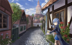 Rule 34 | 1girl, bad id, bad pixiv id, belt, blue eyes, blue hair, blue sailor collar, blue shirt, blue skirt, blue sky, blush, building, cane, cloud, cloudy sky, commentary request, curtains, day, door, drainpipe, flower, gloves, gotland (kancolle), grass, hadron9, hair between eyes, highres, house, kantai collection, long hair, long sleeves, looking at viewer, miniskirt, mole, mole under eye, outdoors, outstretched hand, parted lips, pavement, plant, road, rose, sailor collar, scenery, shirt, sidelocks, skirt, sky, smile, solo, standing, street, thigh strap, tile roof, tower, town, tree, uniform, white gloves, window