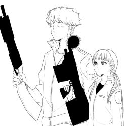 Rule 34 | 1boy, 1girl, chokuboron ryou, greyscale, gun, half-closed eyes, hand up, headphones, headphones around neck, height difference, holding, holding gun, holding weapon, jacket, kusakabe saki, long hair, long sleeves, looking at another, looking down, looking up, low twintails, monochrome, popped collar, rifle, sanpaku, short hair, side-by-side, simple background, suwa koutarou, twintails, undercut, uniform, upper body, weapon, world trigger