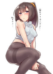 Rule 34 | 1girl, absurdres, akizuki (kancolle), alternate costume, black hair, black pantyhose, blush, breasts, covered erect nipples, cropped sweater, hair ornament, hair scrunchie, highres, kantai collection, kiritto, long hair, medium breasts, pantyhose, ponytail, ribbed sweater, scrunchie, simple background, sleeveless, sleeveless sweater, solo, sweat, sweater, thighband pantyhose, translation request, white background