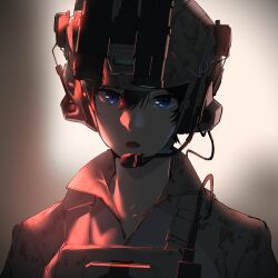 Rule 34 | 1girl, absurdres, black hair, blue eyes, blurry, blurry background, camouflage, camouflage headwear, desert camouflage, ear protection, helmet, highres, looking at viewer, military operator, night vision device, original, parted lips, pen guin15, portrait, red light, short hair, solo