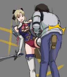 Rule 34 | 1boy, 1girl, ball busting, bdsm, blonde hair, boots, bow, breasts, cassandra alexandra, cbt, cleavage, cleavage cutout, clothing cutout, crotch kick, elbow gloves, gloves, grey background, hair bow, highres, leotard, namco, open mouth, seset, smile, soul calibur, sword, thigh boots, thighhighs, weapon