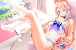 Rule 34 | 1girl, adapted costume, ass, bedroom, blue bow, blue eyes, blue hair, blue nails, blue panties, blue ribbon, blush, bow, breasts, chair, choker, cleavage, colored tips, computer, controller, drawing tablet, feet, foot out of frame, game controller, genshin impact, highres, holding, indoors, keyboard (computer), large breasts, leaning back, legs, legs up, long legs, looking at viewer, lyusiola, midriff, monitor, multicolored hair, nail polish, navel, no shoes, office chair, one eye closed, panties, parted lips, pink hair, pointing, pointing up, ribbon, sangonomiya kokomi, shiny skin, sidelocks, skindentation, socks, solo, speaker, striped clothes, striped panties, swivel chair, tablet pc, teeth, thighs, toes, underwear, white socks