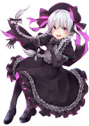 Rule 34 | 10s, 1girl, absurdres, black dress, braid, doll joints, dress, fate/extra, fate/grand order, fate (series), hachiroku (hatirokusann86), hat, highres, joints, long hair, nursery rhyme (fate), purple eyes, simple background, smile, solo, twin braids, white background
