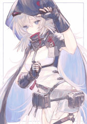 Rule 34 | 1girl, arknights, arm up, belt, belt pouch, black cape, black gloves, blue eyes, bracelet, cape, closed mouth, cowboy shot, dress, feather hair, fingerless gloves, flower knot, gloves, grey eyes, highres, hood, hood up, hooded cape, jewelry, kmkm panna, long hair, looking at viewer, mulberry (arknights), pouch, simple background, sleeveless, sleeveless dress, solo, tassel, underbust, very long hair, white background, white dress