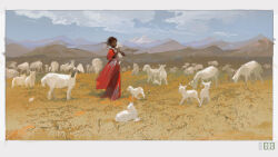 Rule 34 | 1girl, absurdres, animal, black hair, blue sky, border, chinese commentary, cloud, dark-skinned female, dark skin, dress, field, goat, grey border, hands up, highres, holding, holding animal, looking at viewer, medium hair, mountain, mountainous horizon, nayannayan, original, outdoors, red dress, sky, solo, standing
