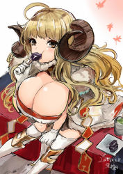 Rule 34 | 10s, 1girl, ahoge, anila (granblue fantasy), blonde hair, blunt bangs, breasts, brown eyes, bursting breasts, cleavage, dated, draph, eating, female focus, food in mouth, gradient background, granblue fantasy, horns, huge breasts, kurokawa otogi, long hair, looking at viewer, otogi (s in w), sheep horns, smile, solo, thighhighs, white thighhighs, wide hips