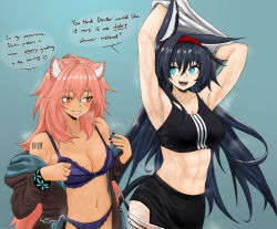 Rule 34 | 2girls, abs, animal ear fluff, animal ears, arknights, armpits, black hair, black sports bra, blaze (arknights), bra, cat ears, cat girl, cat tail, dokonjou (odossan), english text, gravel (arknights), hairband, highres, hood, hooded jacket, jacket, lace, lace-trimmed bra, lace-trimmed panties, lace trim, long hair, mouse ears, mouse girl, multiple girls, open clothes, open jacket, open mouth, panties, pink hair, red hairband, shoulder tattoo, skirt, smile, sports bra, steaming body, sweat, tail, tattoo, underwear, undressing, vertical-striped sports bra, very sweaty
