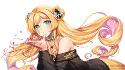 Rule 34 | 1girl, :o, ai kotoba iii (vocaloid), artist name, bandaid, bandaid on cheek, bandaid on face, black flower, black sweater, blonde hair, character name, colored inner hair, double bun, floating hair, flower, green eyes, hair bun, hair flower, hair ornament, heart, highres, looking at viewer, mole, mole under eye, multicolored hair, musical note, nijisanji, nijisanji kr, off-shoulder sweater, off shoulder, open mouth, pink hair, rewolf, seffyna, solo, star (symbol), sweater, virtual youtuber, vocaloid, watermark, white flower, yellow flower